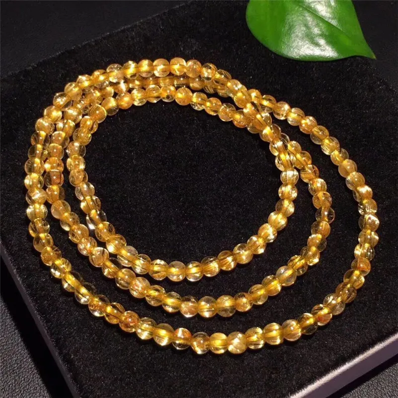 

4.1mm Natural Gold Brazil Rutilated Titanium Quartz Bracelet Woman Man Wealthy Gift Crystal Round Beads 3 Laps Charms Jewelry