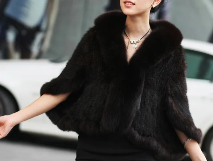 

Genuine real natural Knitted Mink Fur Shawl Wrap Cape with Fox fur collar women knit fashion fur coat