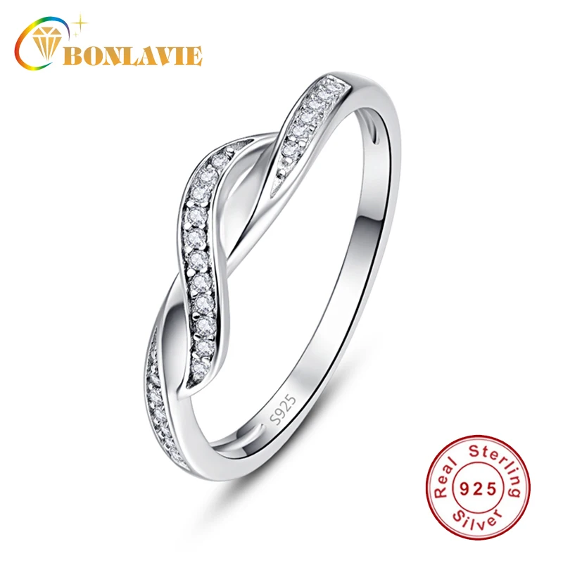 

BONLAVIE Women's 925 Sterling Silver Braided Pave Silvery Ring With Clear CZ Authentic Vintage White Crystal Infinity Rings