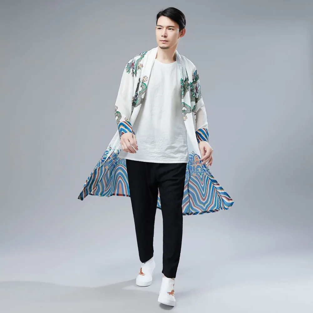 LZJN 2019 Japanese Kimono Cardigan Men Dragon Pattern Print Long Kimono Cardigan Men Thin Mens Kimono Cardigan Jacket Coat  (11)