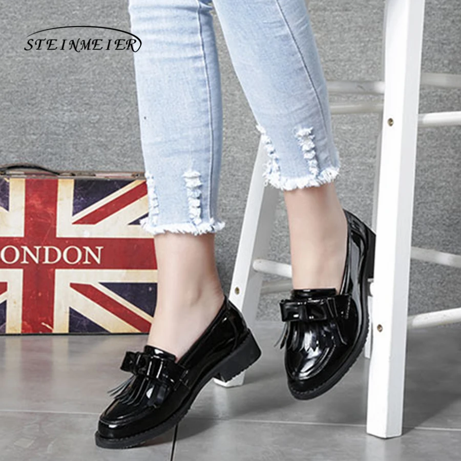 Comprar Zapatos oxford brogue de cuero genuino para mujer zapatos planos negros retro vintage simple con lazo de borla para mujer