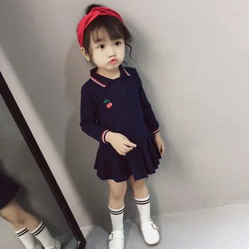 

Toddler Dresses 2019 Autumn Girls Long Sleeve Cherry Embroidery Pleated Casual Party Dress Children Cotton Dress 2-7Yrs Costumes