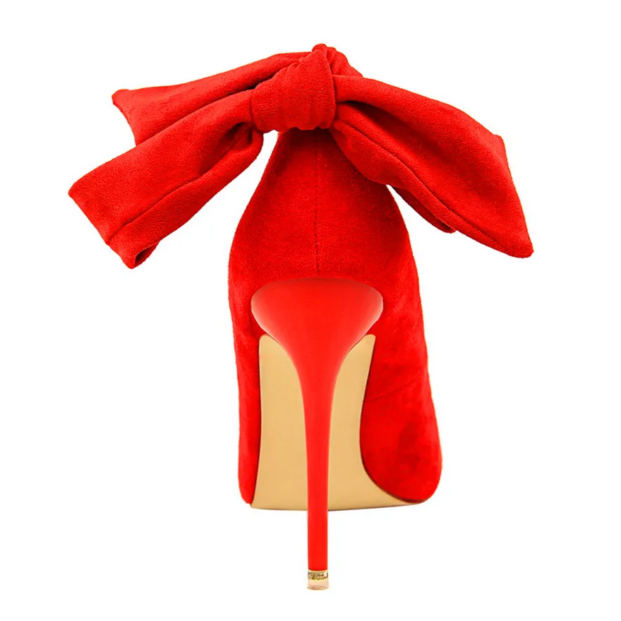 BIGTREE/милые женские туфли-лодочки с узлом-бабочкой вечерние туфли из флока на тонком каблуке модные женские туфли на высоком каблуке с острым носком