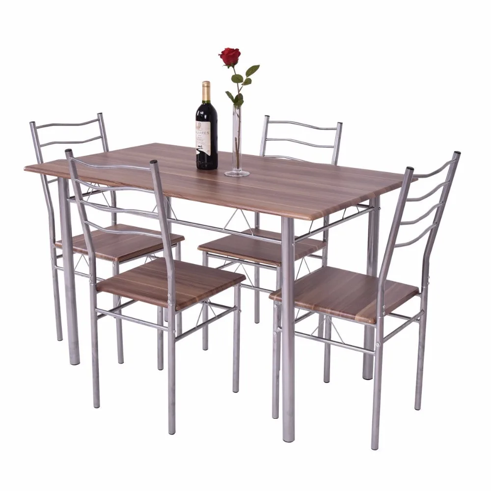 Goplus 5 Pieces Dining Table Set 1 Wooden Dining Table with 4 Dinig Chairs Metal Modern Kitchen Breakfast Furniture HW55389NA