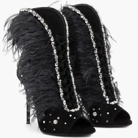 

2018 Sexy Feather Patchwork Ladies High Heel Boot Spring Hot Rhinestone Rim Women Lace Up Ankle Boots Fashion Suede Leather Boot