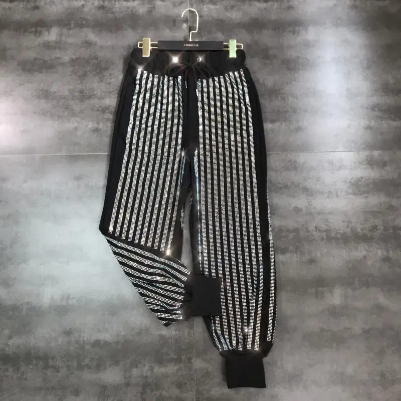 

2019 summer new heavy industry vertical rhinestone hot drilling beam pants elastic waist sports casual pants
