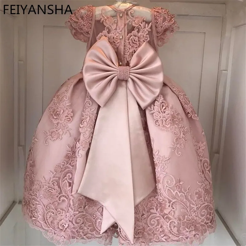 Pink Girls Flower Dresses For Party vestido daminha Pearls Sash Bow Cap Sleeves Flower Girl Dress Lace First Communion Dresslx