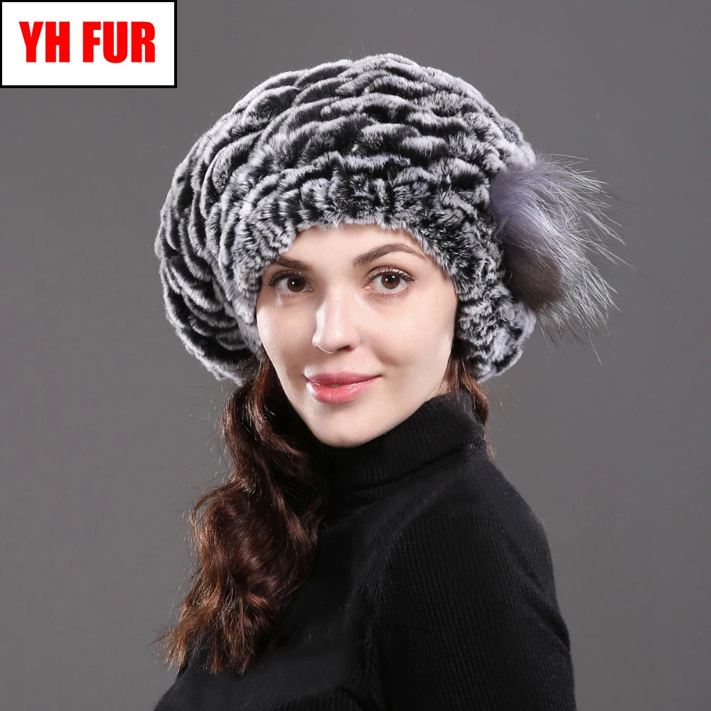 

2019 Women Knit Real Rex Rabbit Fur Skullies Hats Winter Warm Soft Genuine Rex Rabbit Fur Caps Lady Striped Real Fur Beanies Hat