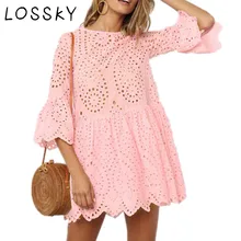 LOSSKY Mulheres Lace Bordados Sexy Vestido Plissado Manga Causal Algodão Branco Mini Vestidos Oco Out Vestido Curto Vestidos 2018 Nova