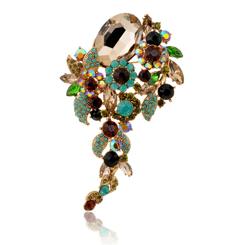 New Coming Elegant Green Rhinestone Crystal Flower Brooch Pin Romantic Wedding Bride Bridesmaid Rhinestone Jewelry