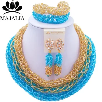 

Majalia New Fashion Nigerian Wedding African Jewelery Set Lake blue and Gold ab Crystal Necklace Bridal Jewelry Sets 2RF023