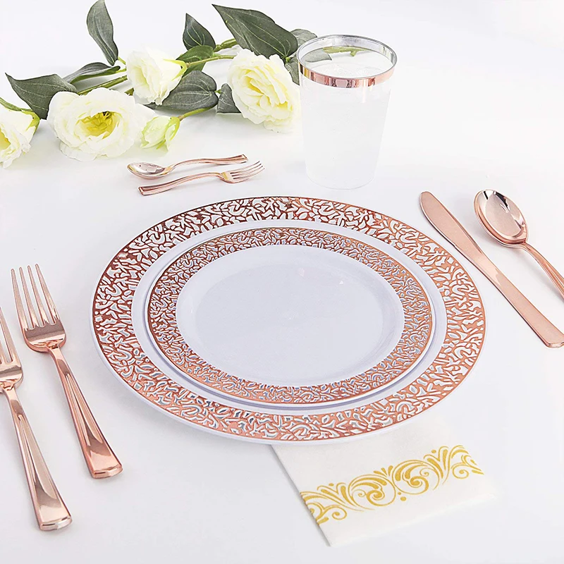 50 шт розово-золотые тарелки-кружевные дизайнерские одноразовые пластиковые тарелки-свадебные пластиковые тарелки включают пластиковые обеденные тарелки