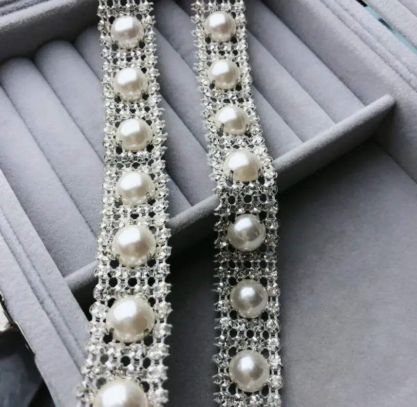 

rhinestones pearl mesh trimming with faux pearl beads,1yard/lot,4 rows rhinestones garment accessories pearl chain wedding trim
