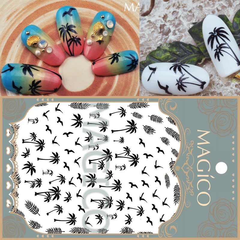 

1Sheet Black Palm TreesNail Art Sticker Summer White Decals Full Nail Wrap Sea Gull Manicure Nail Decorations
