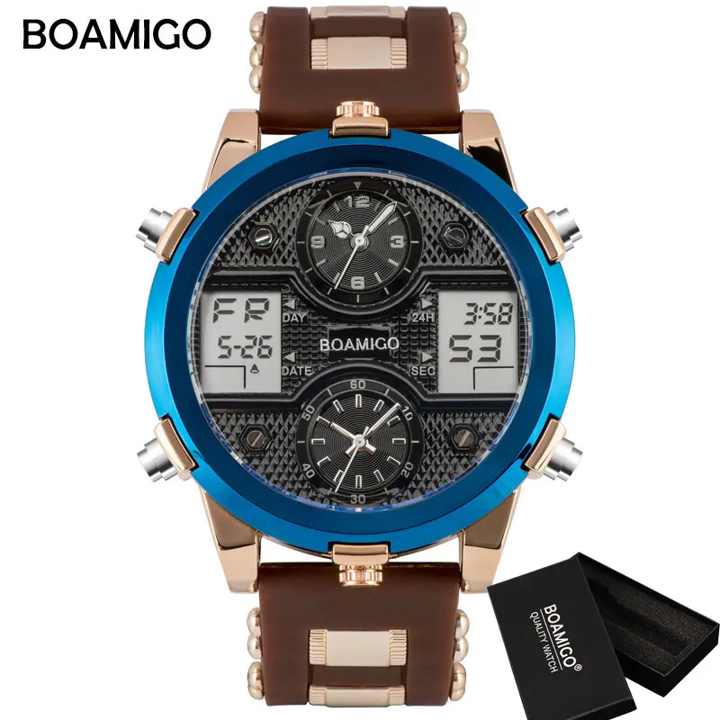 BOAMIGO мужские часы Топ люксовый бренд мужские спортивные часы мужские кварцевые светодиодный цифровой 3 часы мужские золотые синие военные наручные часы - Цвет: brown box