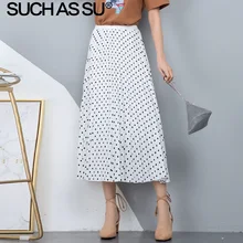 Новинка, Летние шифоновые юбки в горошек для женщин, черные, белые, с волнистым принтом, высокая талия, миди юбки, тонкая плиссированная юбка для женщин
