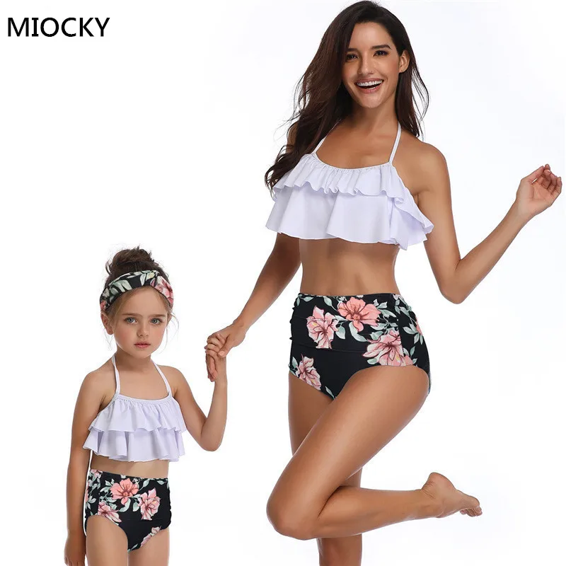 

Mother and daughter swimsuit Leaf Print Ruffled High Waist Bikini mae e filha Summer 2pcs Set Family Matching Swimwear E0143