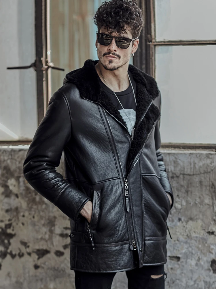 Style Sheepskin B7 Flight Jacket Super Warm Black Color Men's Shealing Jacket Military