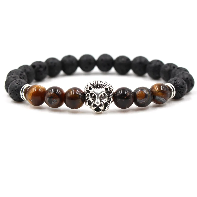 

2019 New Antique Silver Color Lion Head Bracelet Men Natural Yellow Tiger Eye/Black Lava Stone Beaded Bracelets For Men Jewelry