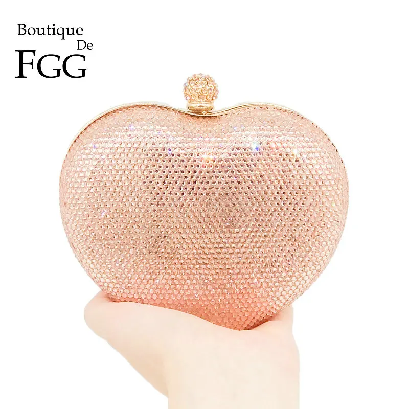 Boutique De FGG Champagne Crystal Women Heart Metal Minaudiere Handbag Evening Bag Wedding Diamond  Purse Bridal Party Clutch