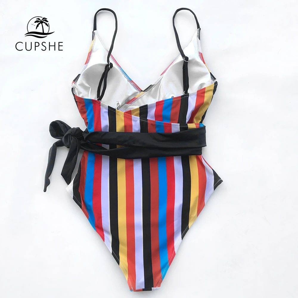 Preise CUPSHE Tropic Von Discusssion Streifen einteiliges Badeanzug Frauen Push Up Gebunden Bogen Gürtel Monokini 2020 Mädchen Badeanzug bademode