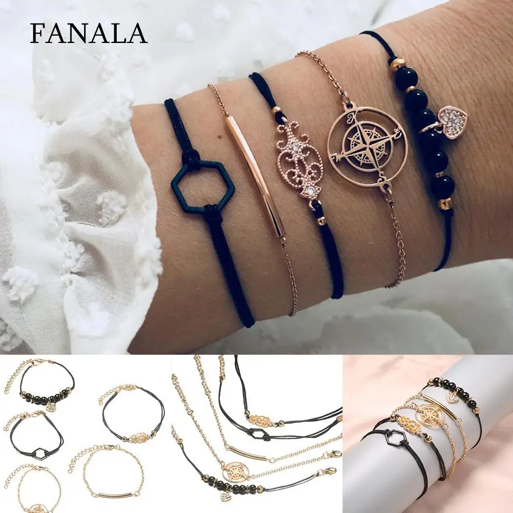

Personality Compass Hexagon Love Heart Alloy of (5Pcs) Bracelet 20-26cm/7.9-10.2inch Set Fashion Jewelry Gift
