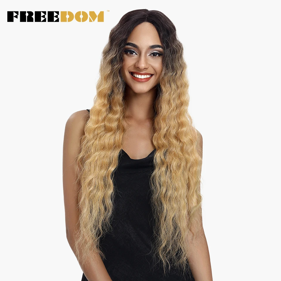 

FREEDOM Lace Front Wigs For Black Women 30' Dark Root Blonde Brown Long Wavy Ombre Synthetic Wig Heat Resistant Deep Wave Hair