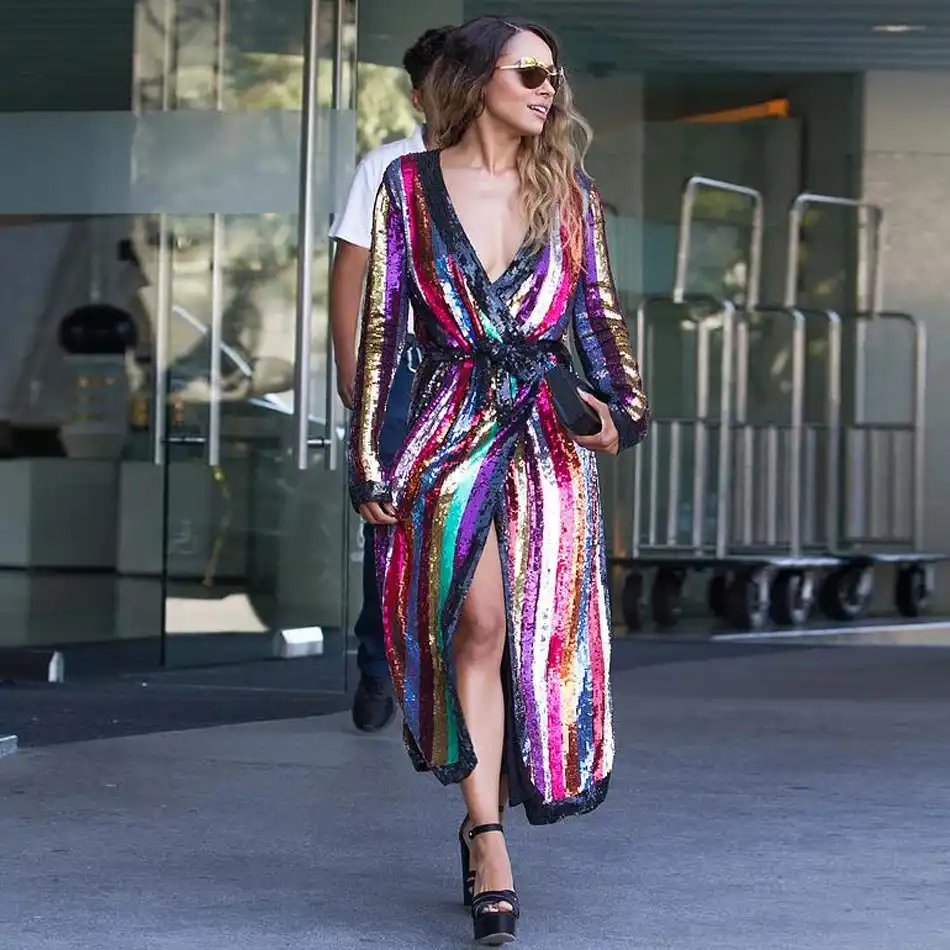 rainbow foil stripe wrap dress