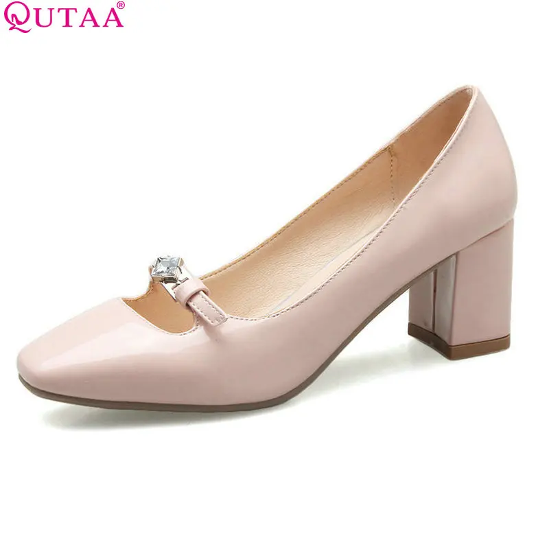 

QUTAA 2018 Women Pumps Pointed Toe PU Patent Leather Ladies Shoe Square High Heel Rhinestone Woman Wedding Shoes Size 34-43