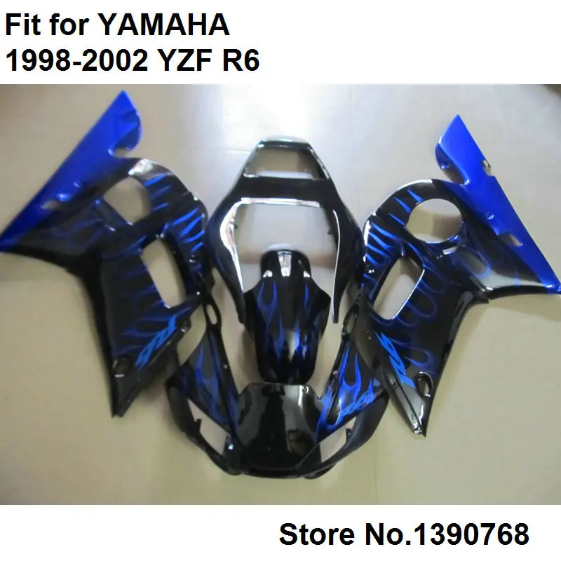 

Free custom fairing kit for Yamaha blue flames black YZF R6 98 99 00 01 02 motorcycle fairings set YZFR6 1998-2001 2002 LV68