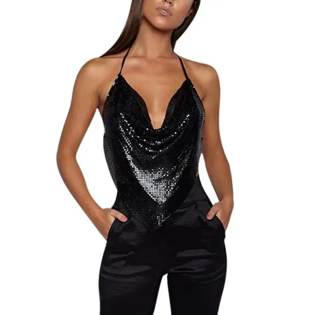 Reviews Women Sexy Sequin Vest Halter Padded Tanks Tops Robe Leotard Hot Backless Lingerie 4 Colors