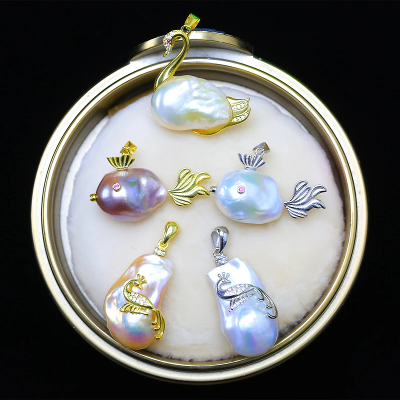 

S925 Sterling Silver Hold With Baroque Pearl Pendant In Fish/Swan/Butterfly/Peacock Design Kiwa Unique Pearl Pendant Only