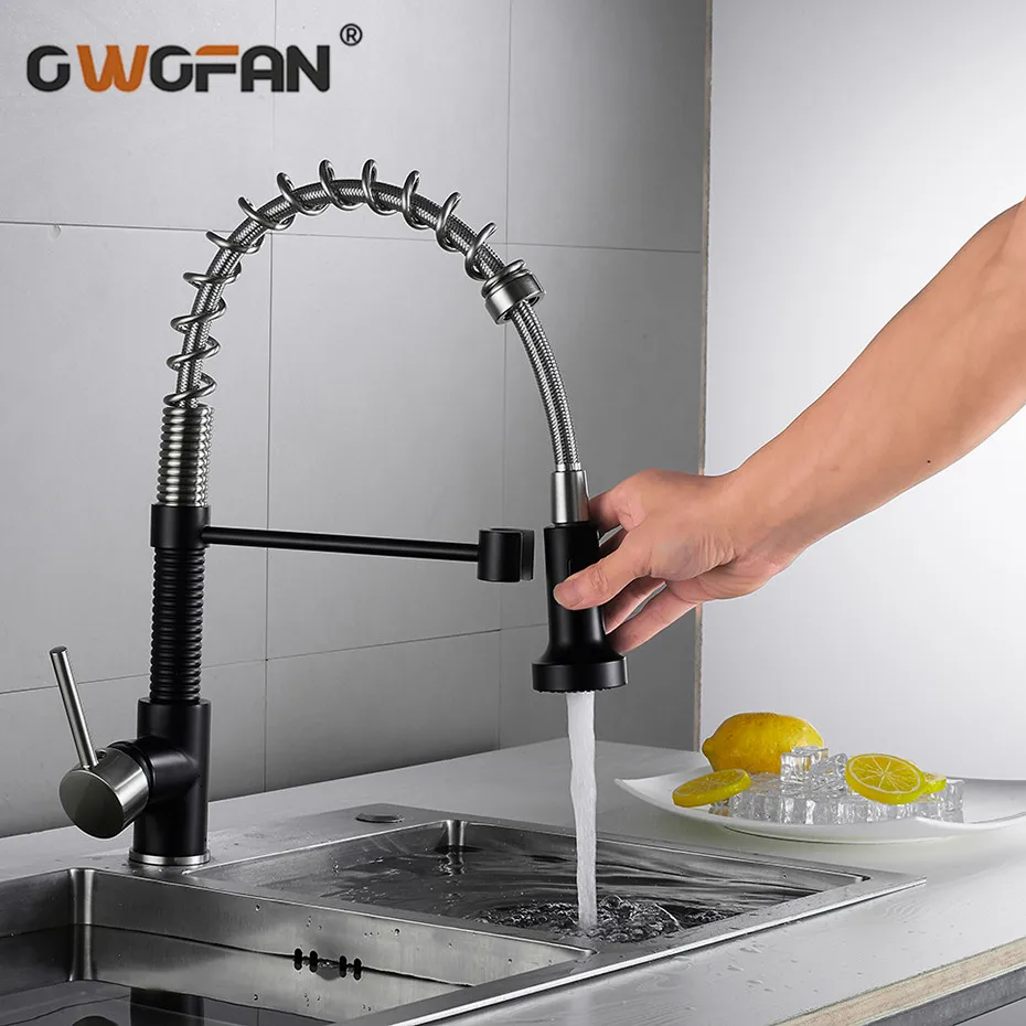 

Kitchen Faucets Brush Brass Faucets for Kitchen Sink Single Lever Pull Out Spring Spout Mixers Tap Hot Cold Water Crane N22-063