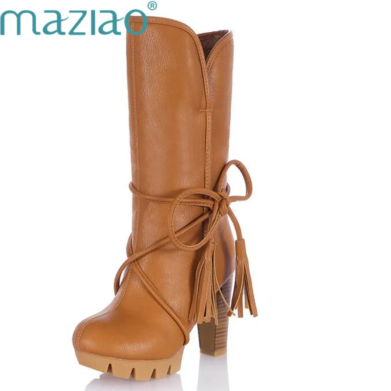 

2016 New Fashion Women Warm Snow Boots winter women riding boots female high heels thick heel women's boots lace up high boots