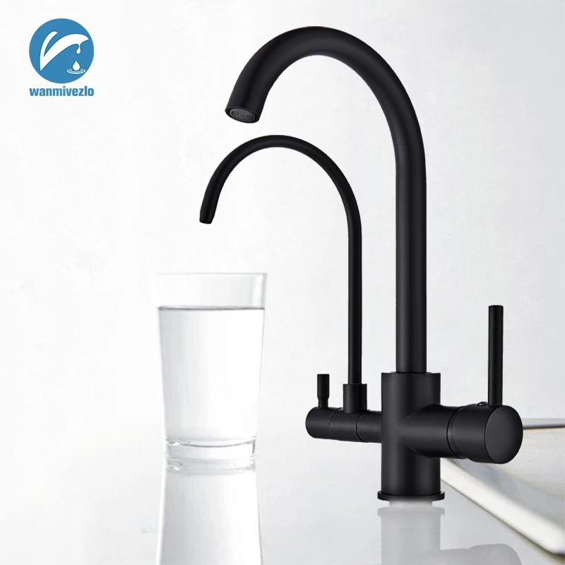 

Black Purify Kitchen Mixer Tap Deck Mounted Dual Handle Purification Kitchen Sink Faucet 2 Swivel Spout Water Tap for Kitchen