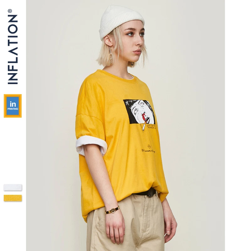 INFLATION Men Clothing Cartoon Funny Printed T-shirt Cotton Fashion High Street Couple Tees Streetwear Swag Top Tee 91195S
