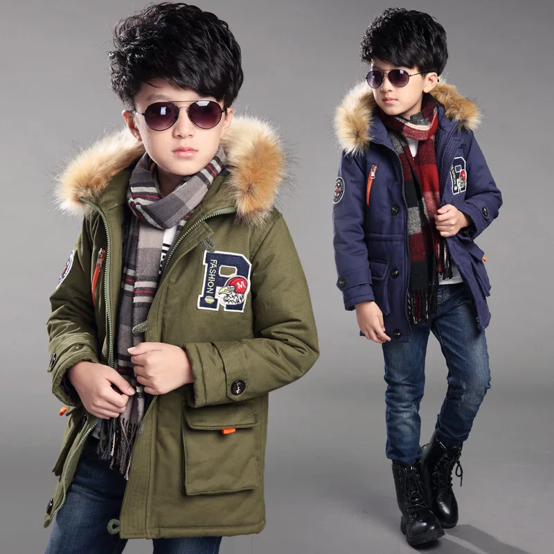 2016 Winter kid boy high quality fabric fur collar coat children thicker retro long type jacket