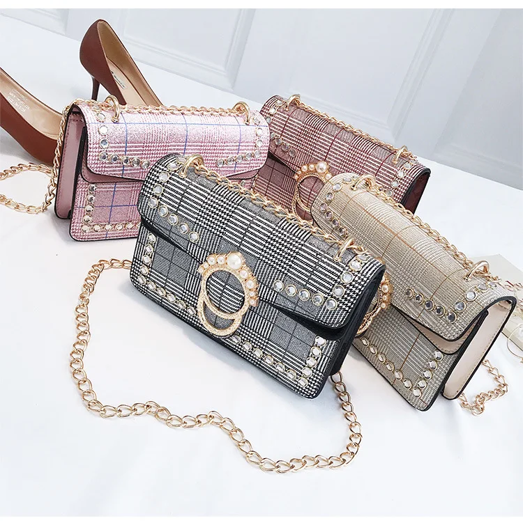 

2018 New Fashion Plaid Pearl Square Shoulder Messenger Bag High Quality Pu Leather Woman Bag Designer Handbag