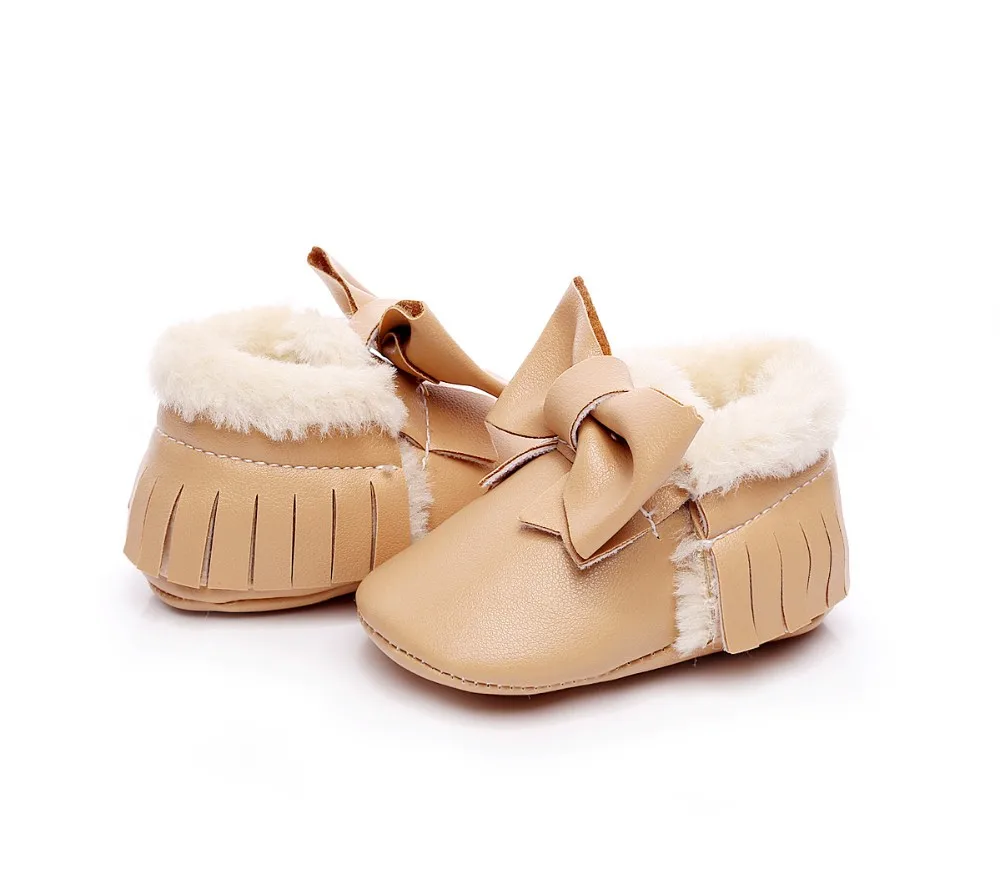 Hongteya/новые зимние теплые меховые сапоги из искусственной кожи; детские мокасины с бантом; детская обувь для новорожденных; ботинки для маленьких девочек