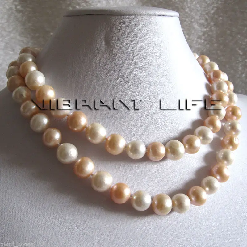 

free shipping 001155 34" 10-11mm White Peach Pink Heavy Surface Freshwater Pearl Necklace Jewelry