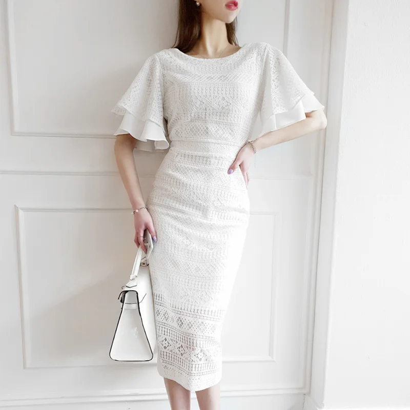 

2019 Summer Elegant Two-Layers Butterfly Sleeve Lace Dress Women Casual Brief White O-neck Hollow Out Sexy Midi Bodycon Dress