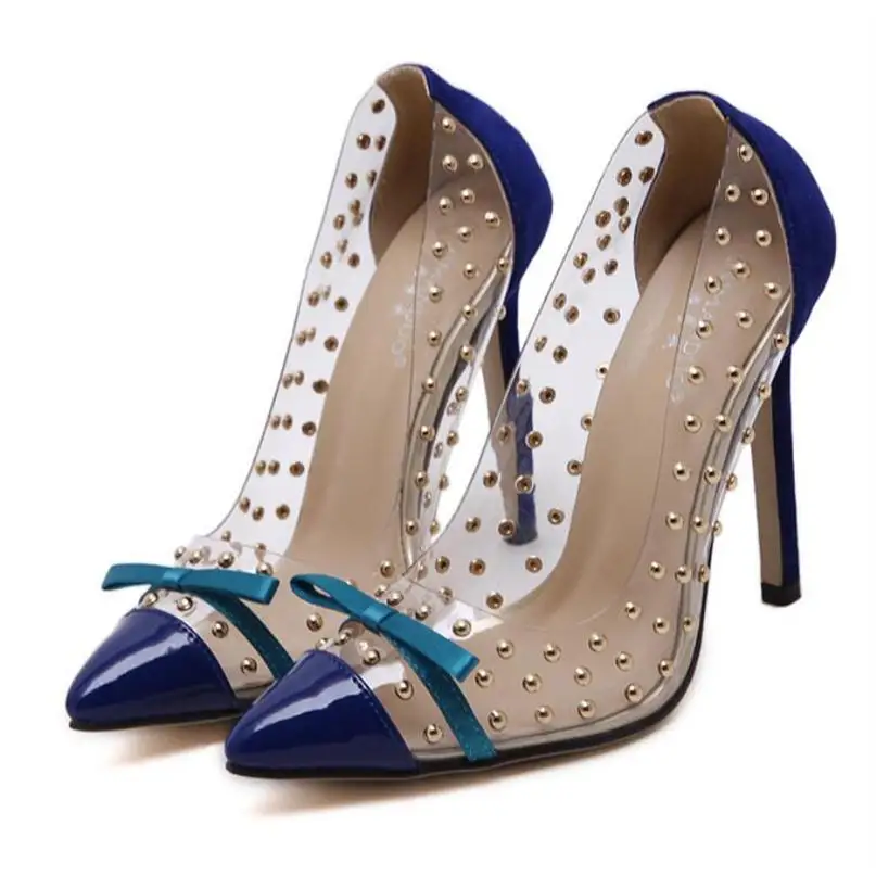 BAYUXSHUO Rivets High Heels New Transparencies High Heels Brand Shoes Pointed Toe Women Pumps Sapato Feminino Shoes Plus Size