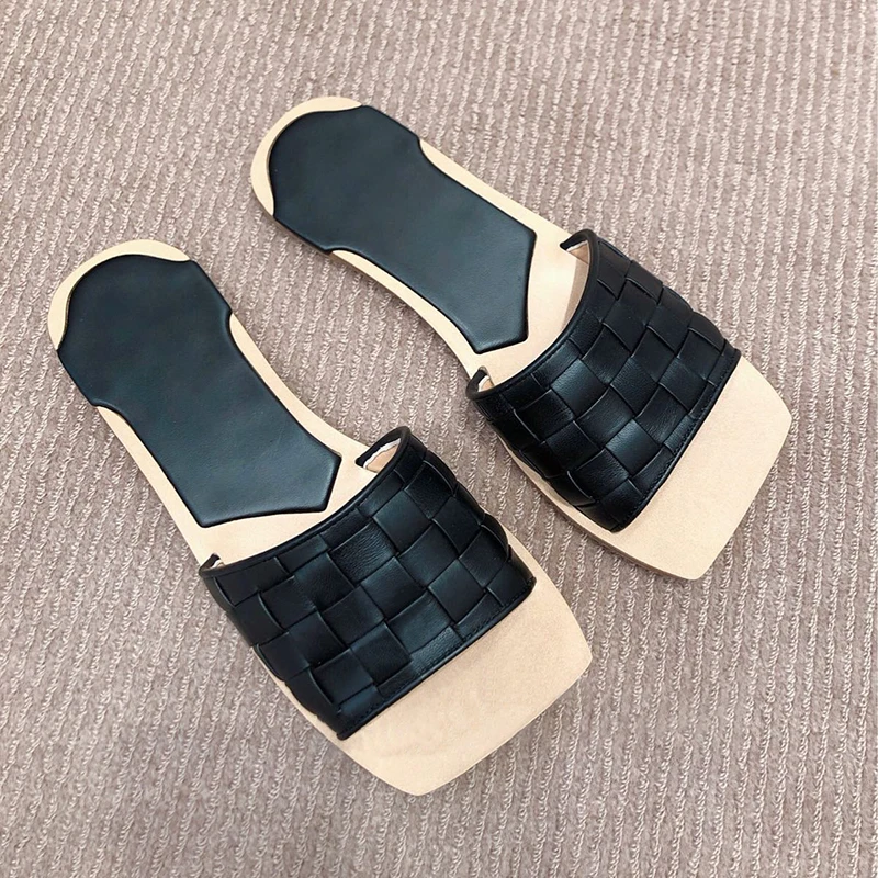 

2019 Retro Square Toe Knit Summer Slipper Women Design Flat With Slides Flip Flops Outdoor Sandals Shoes Woman Black White