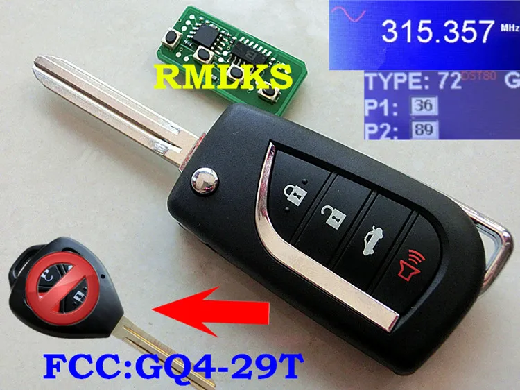 

RMLKS New 3 4 Buton Flip Remote Key Fob 315MHz With 4D67 72G Transponder Chip Fit For Toyota Avalon 89070-02270 FCC ID GQ4-29T