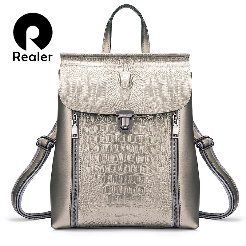 

REALER backpack women split leather school travel backpack for girl teenagers crocodile prints waterproof bag High quality