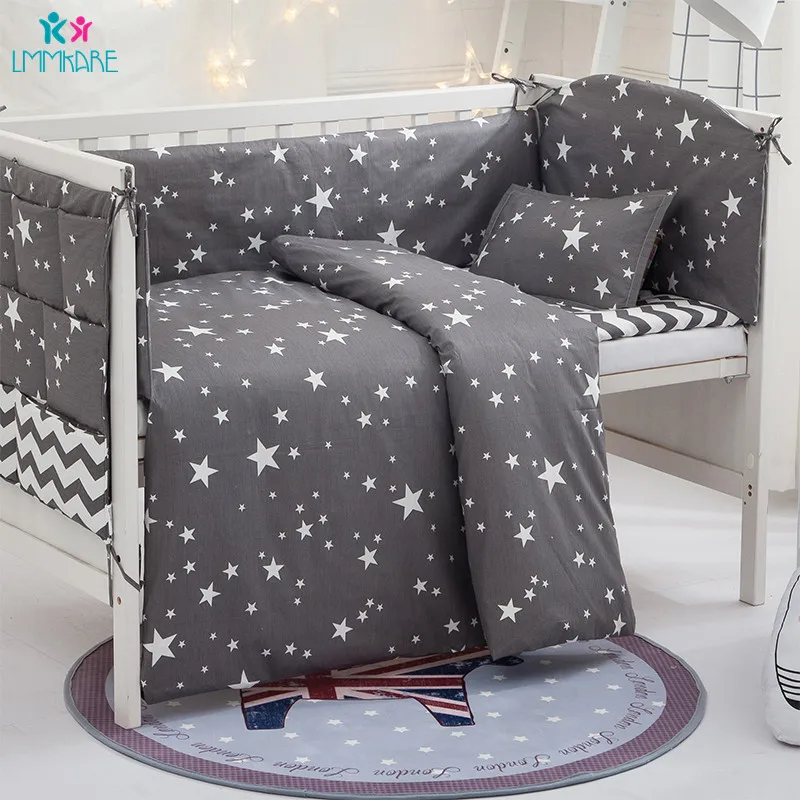 Детские Постельные Комплекты из хлопка с серыми звездами, бамперы для новорожденных, детские подушки + простыни + пододеяльник для