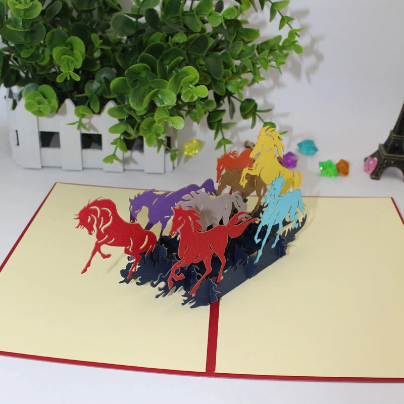 3D Laser Cut Handmade Art of Calligraphy Colorful Galloping Horse Paper Invitation Greeting Cards P - 32891078674