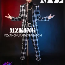 Для Мужчин's костюм в черно-белую клетку кожаный ошейник костюмы мужской певицы dj танцор сцены Блейзер торжественное платье вечерние костюмы