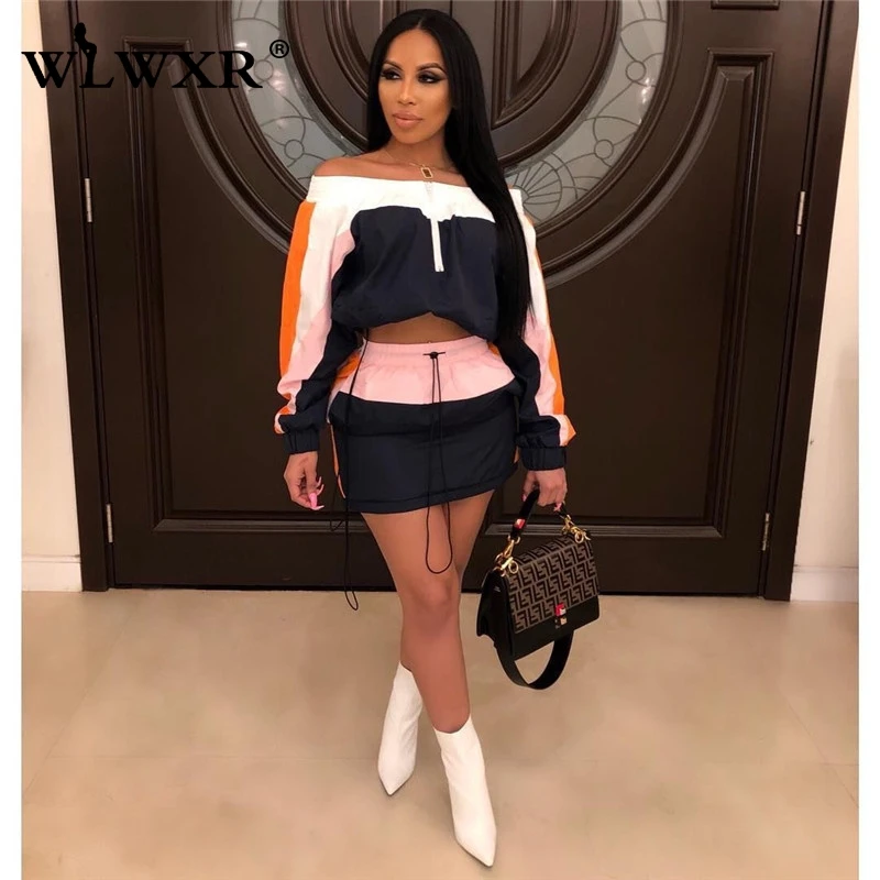

WLWXR Casual Slash Neck Sexy Bodycon Summer Dress Women Long Sleeve Two Piece Mini Short Dress Female Bandage Club Party Dresses