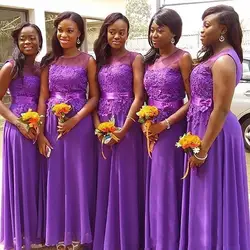 2019 элегантное фиолетовое шифоновое ТРАПЕЦИЕВИДНОЕ длинное платье подружки невесты без рукавов Кружевное платье подружки невесты